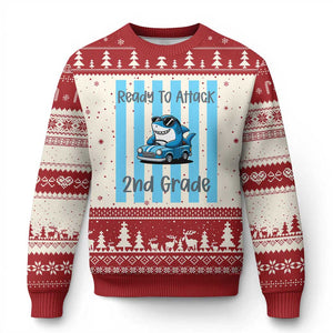 Ready To Attack 2nd Grade Ugly Christmas Sweater Funny Shark Driving Car Back To School