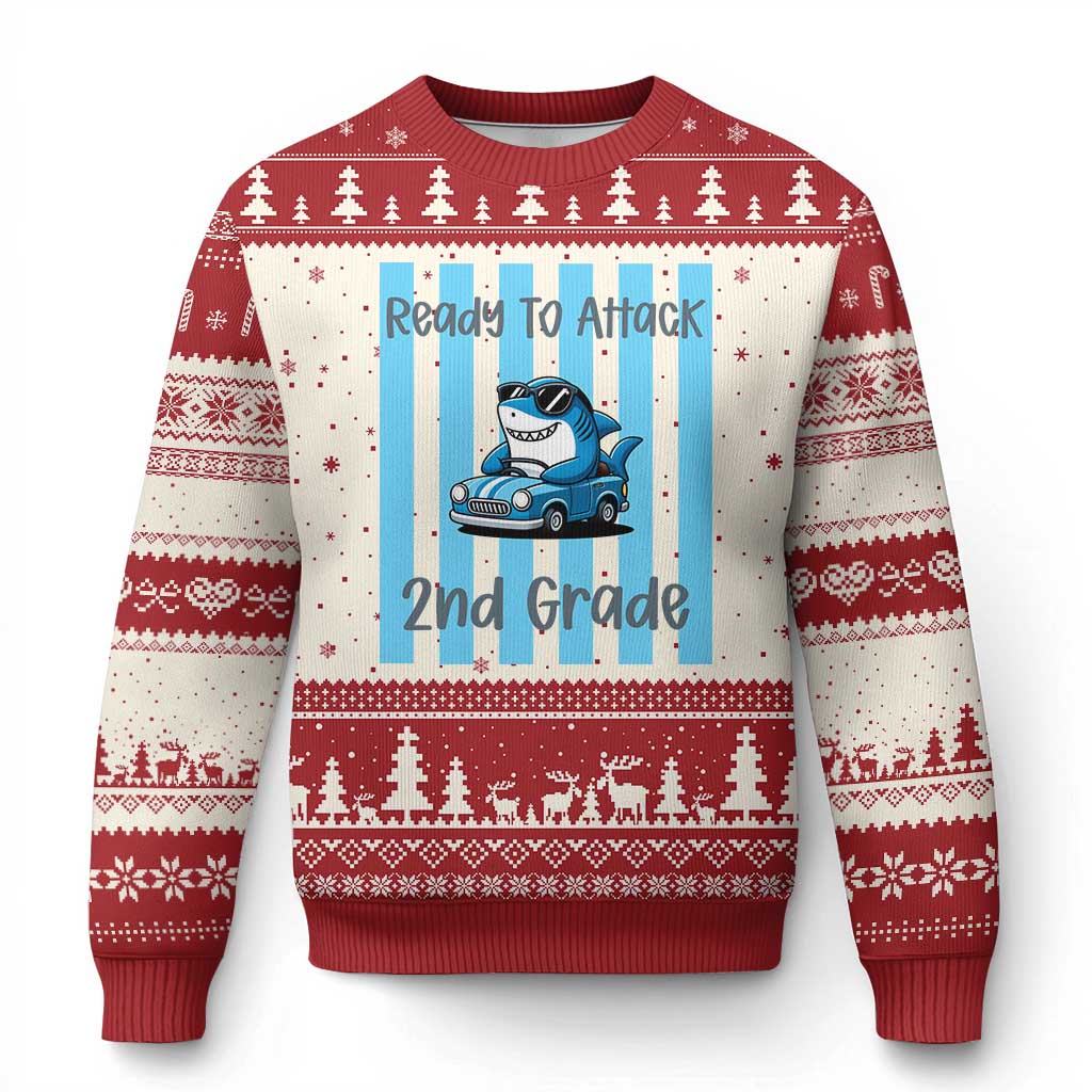 Ready To Attack 2nd Grade Ugly Christmas Sweater Funny Shark Driving Car Back To School TS12 Beige Red Print Your Wear