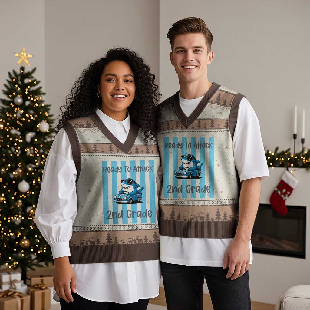 Ready To Attack 2nd Grade V-Neck Knit Sweater Vest Funny Shark Driving Car Back To School