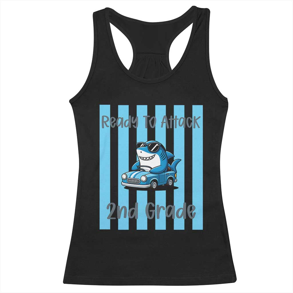Ready To Attack 2nd Grade Racerback Tank Top Funny Shark Driving Car Back To School
