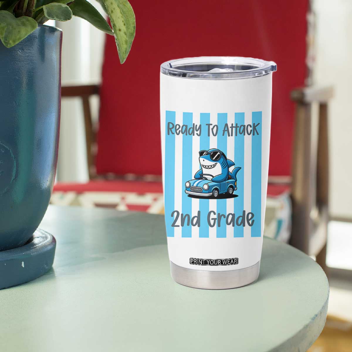 Ready To Attack 2nd Grade Tumbler Cup Funny Shark Driving Car Back To School