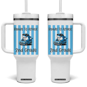 Ready To Attack 2nd Grade Tumbler With Handle Funny Shark Driving Car Back To School