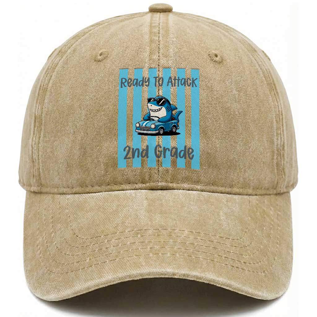 Ready To Attack 2nd Grade Washed Cotton Baseball Cap Funny Shark Driving Car Back To School TS12 Print Your Wear