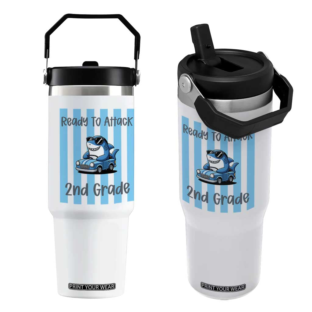 Ready To Attack 2nd Grade Flip Straw Tumbler Funny Shark Driving Car Back To School