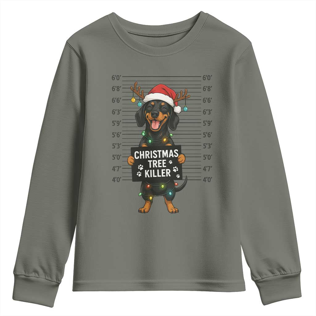 Christmas Dachshund Youth Sweatshirt Funny Christmas Tree Killer TS12 Military Green Print Your Wear