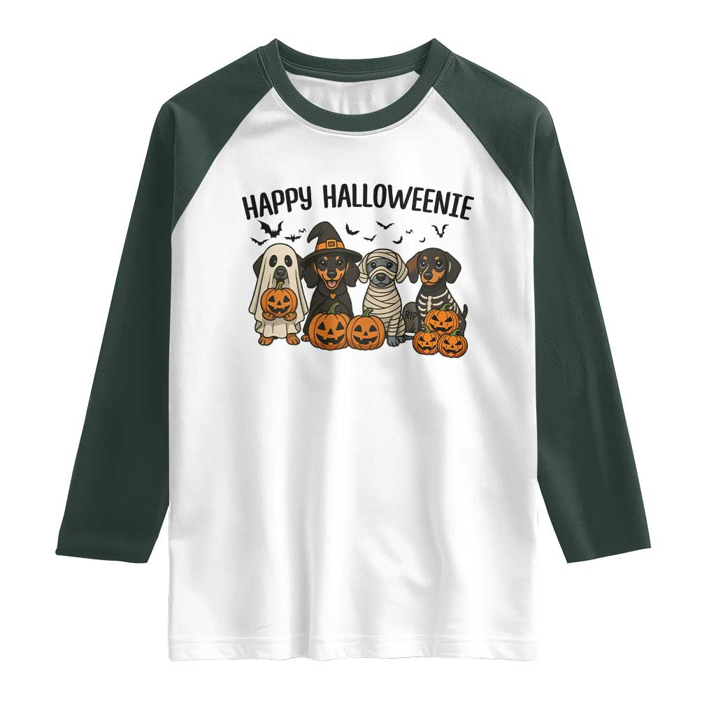 Funny Halloween Dachshund Raglan Shirt Happy Halloweenie TS12 White Dark Forest Green Print Your Wear