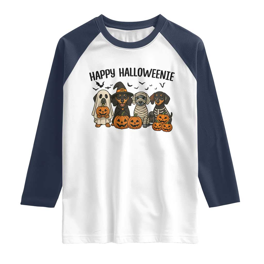 Funny Halloween Dachshund Raglan Shirt Happy Halloweenie TS12 White Navy Print Your Wear