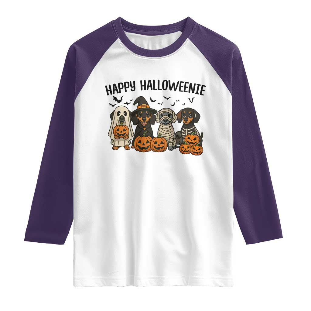 Funny Halloween Dachshund Raglan Shirt Happy Halloweenie TS12 White Purple Print Your Wear