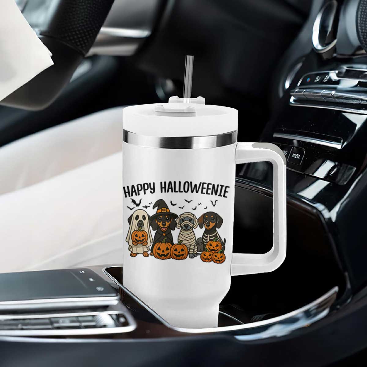 Funny Halloween Dachshund Tumbler With Handle Happy Halloweenie TS12 Print Your Wear