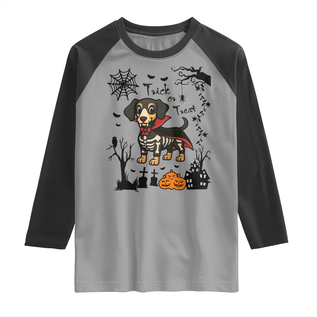 Funny Halloween Gift Raglan Shirt Trick Or Treat With My Dachshund Dracula TS12 Sport Gray Black Print Your Wear