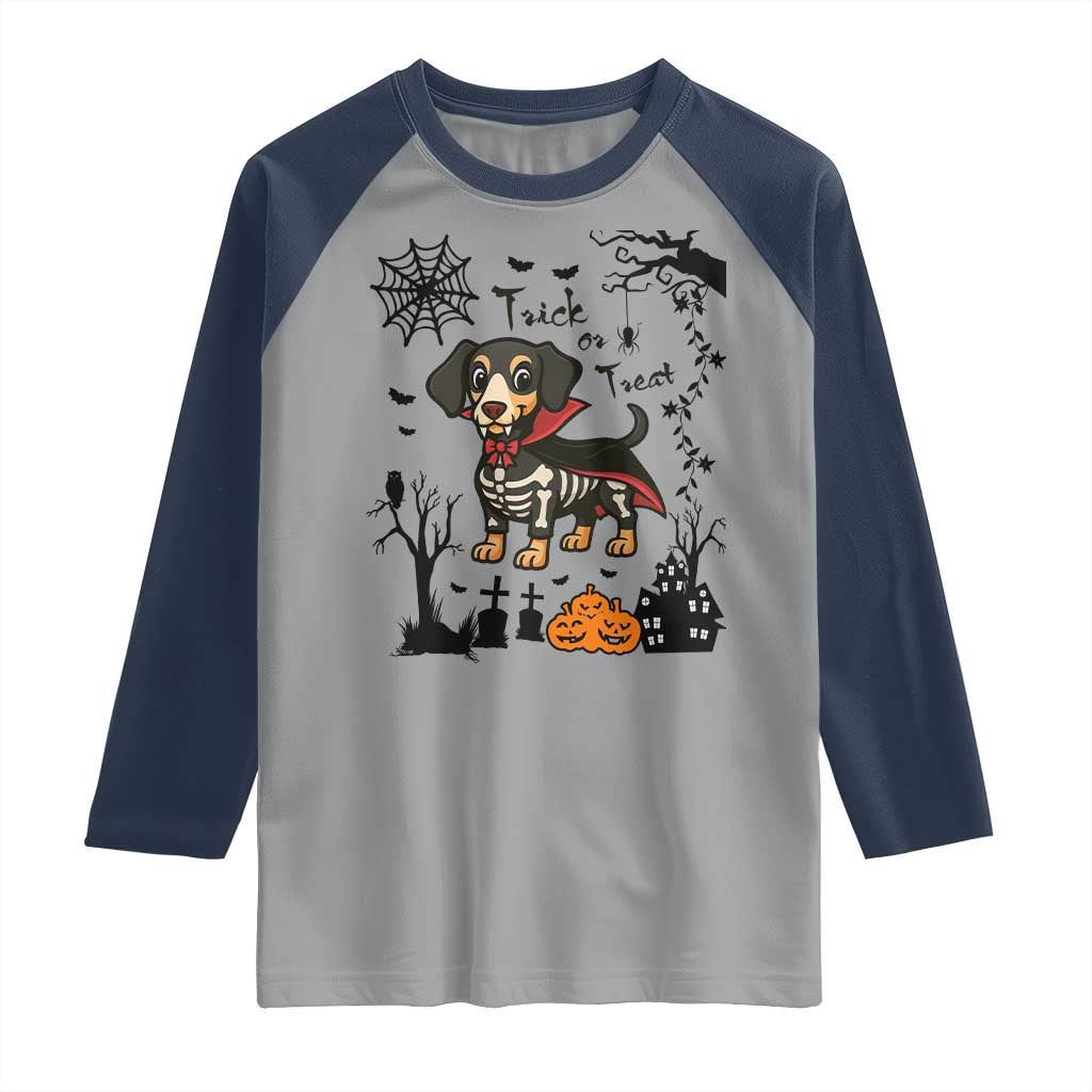 Funny Halloween Gift Raglan Shirt Trick Or Treat With My Dachshund Dracula TS12 Sport Gray Navy Print Your Wear