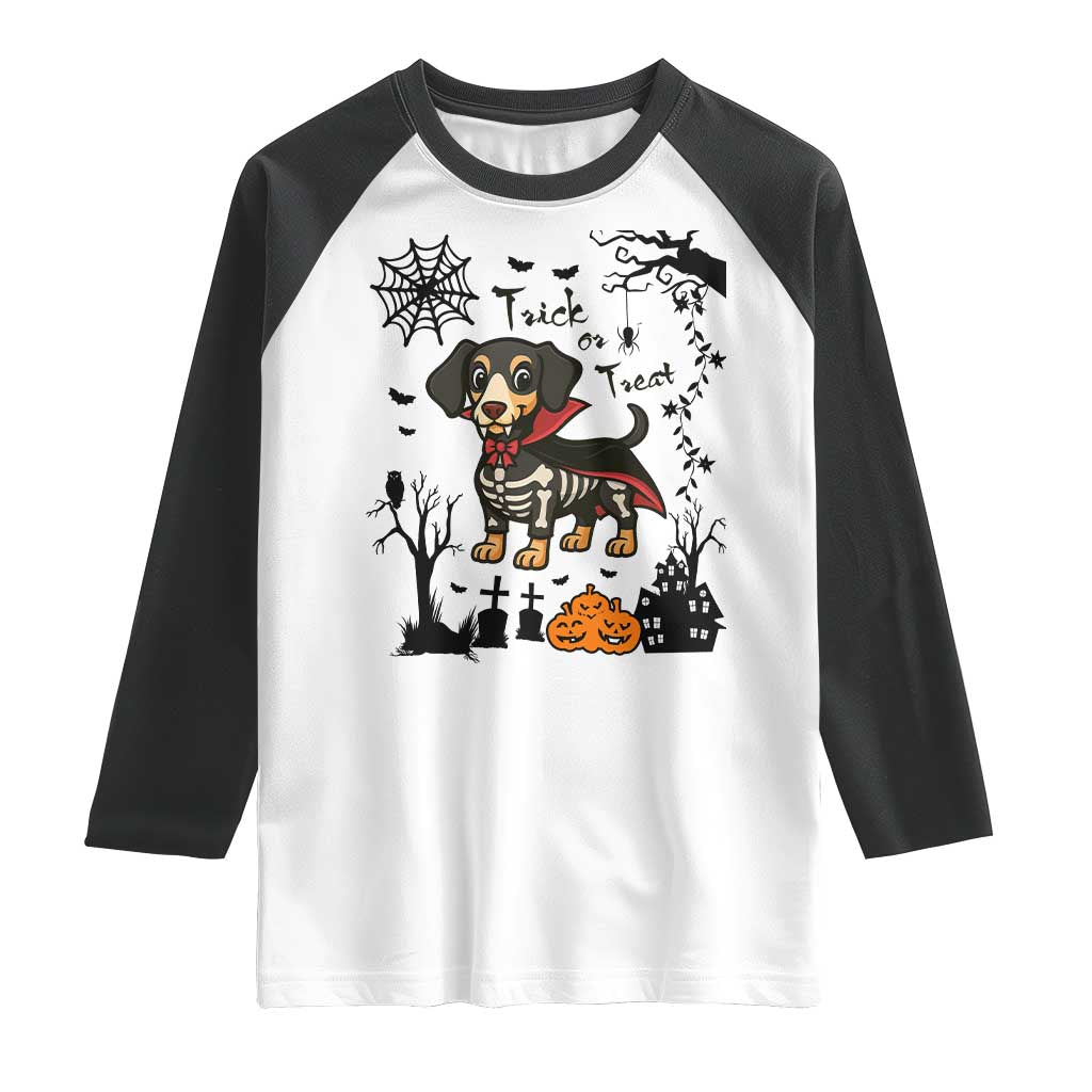 Funny Halloween Gift Raglan Shirt Trick Or Treat With My Dachshund Dracula - Print Your Wear
