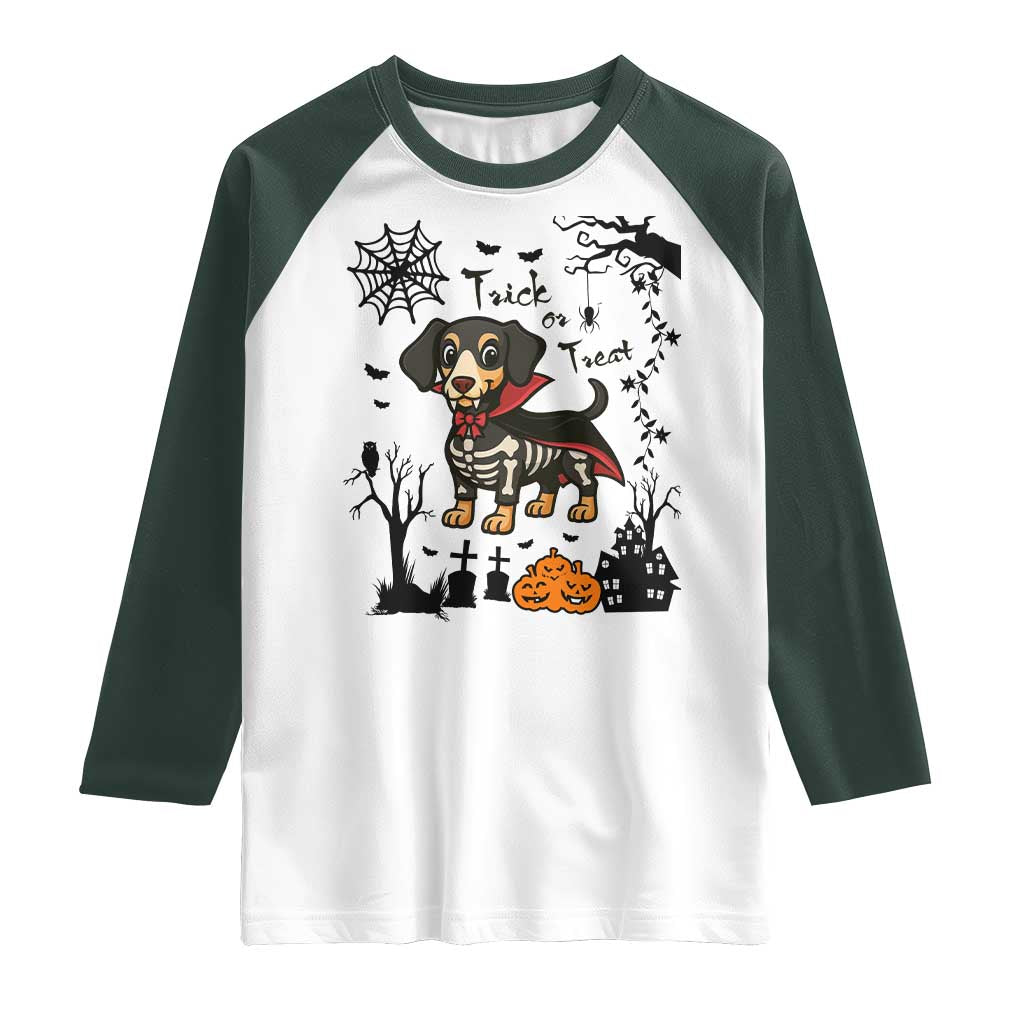 Funny Halloween Gift Raglan Shirt Trick Or Treat With My Dachshund Dracula TS12 White Dark Forest Green Print Your Wear