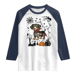Funny Halloween Gift Raglan Shirt Trick Or Treat With My Dachshund Dracula - Print Your Wear