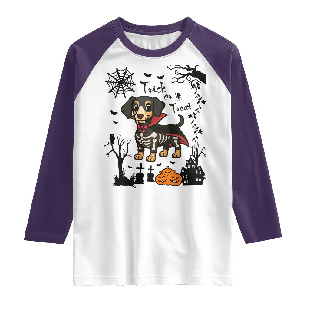 Funny Halloween Gift Raglan Shirt Trick Or Treat With My Dachshund Dracula TS12 White Purple Print Your Wear
