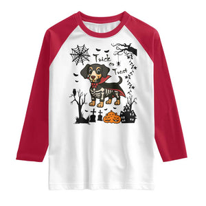 Funny Halloween Gift Raglan Shirt Trick Or Treat With My Dachshund Dracula - Print Your Wear