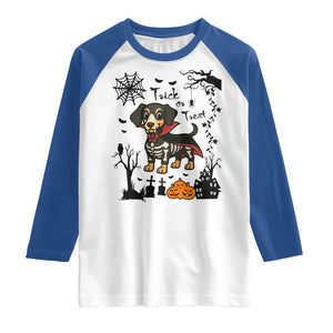 Funny Halloween Gift Raglan Shirt Trick Or Treat With My Dachshund Dracula - Print Your Wear