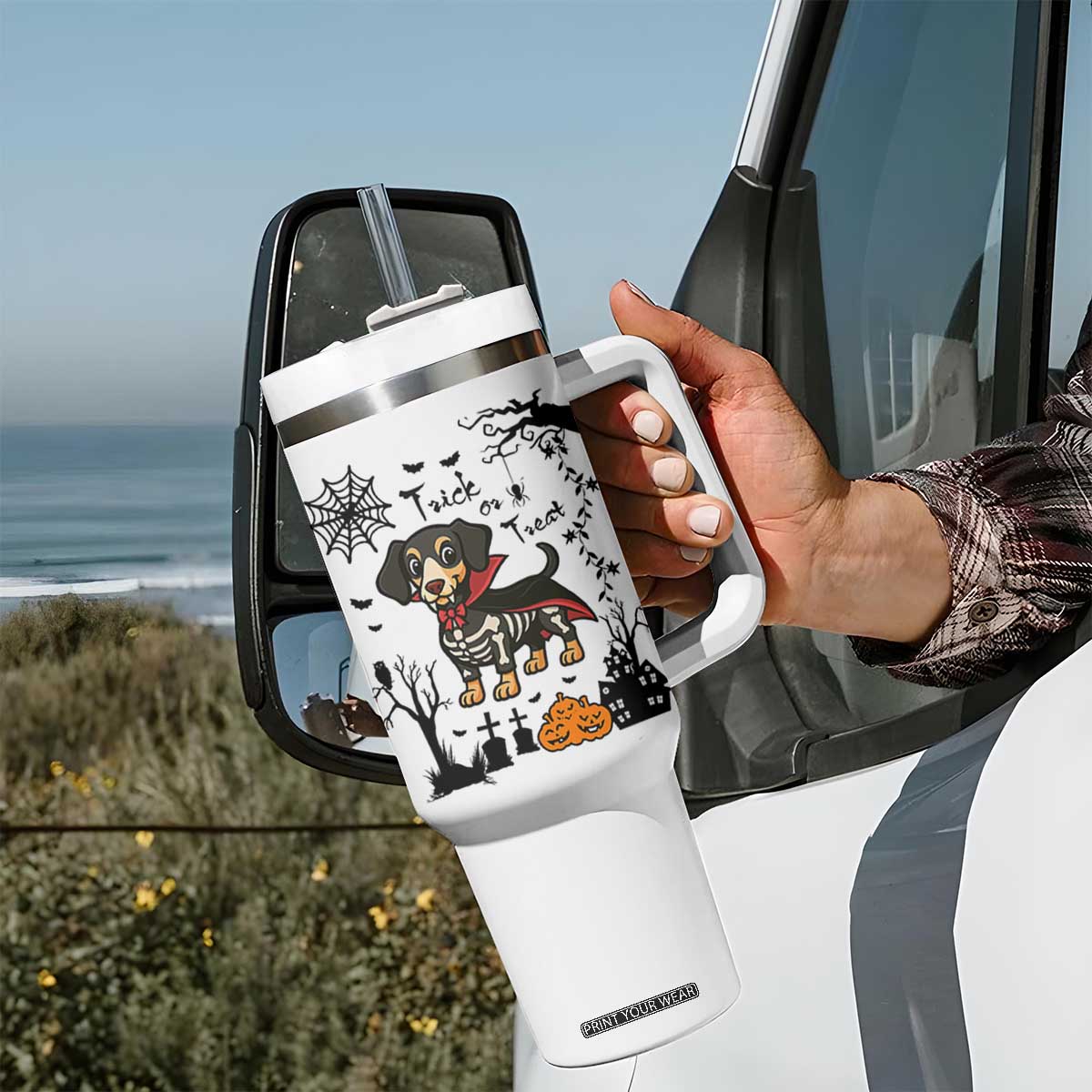 Funny Halloween Gift Tumbler With Handle Trick Or Treat With My Dachshund Dracula TS12 Print Your Wear