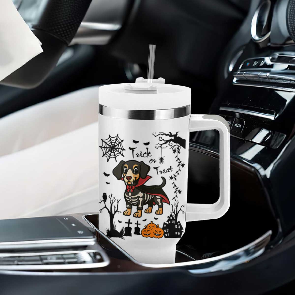 Funny Halloween Gift Tumbler With Handle Trick Or Treat With My Dachshund Dracula TS12 Print Your Wear