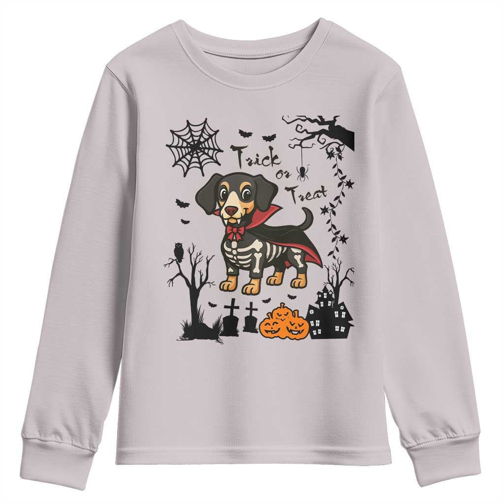 Funny Halloween Gift Youth Sweatshirt Trick Or Treat With My Dachshund Dracula TS12 Ice Gray Print Your Wear