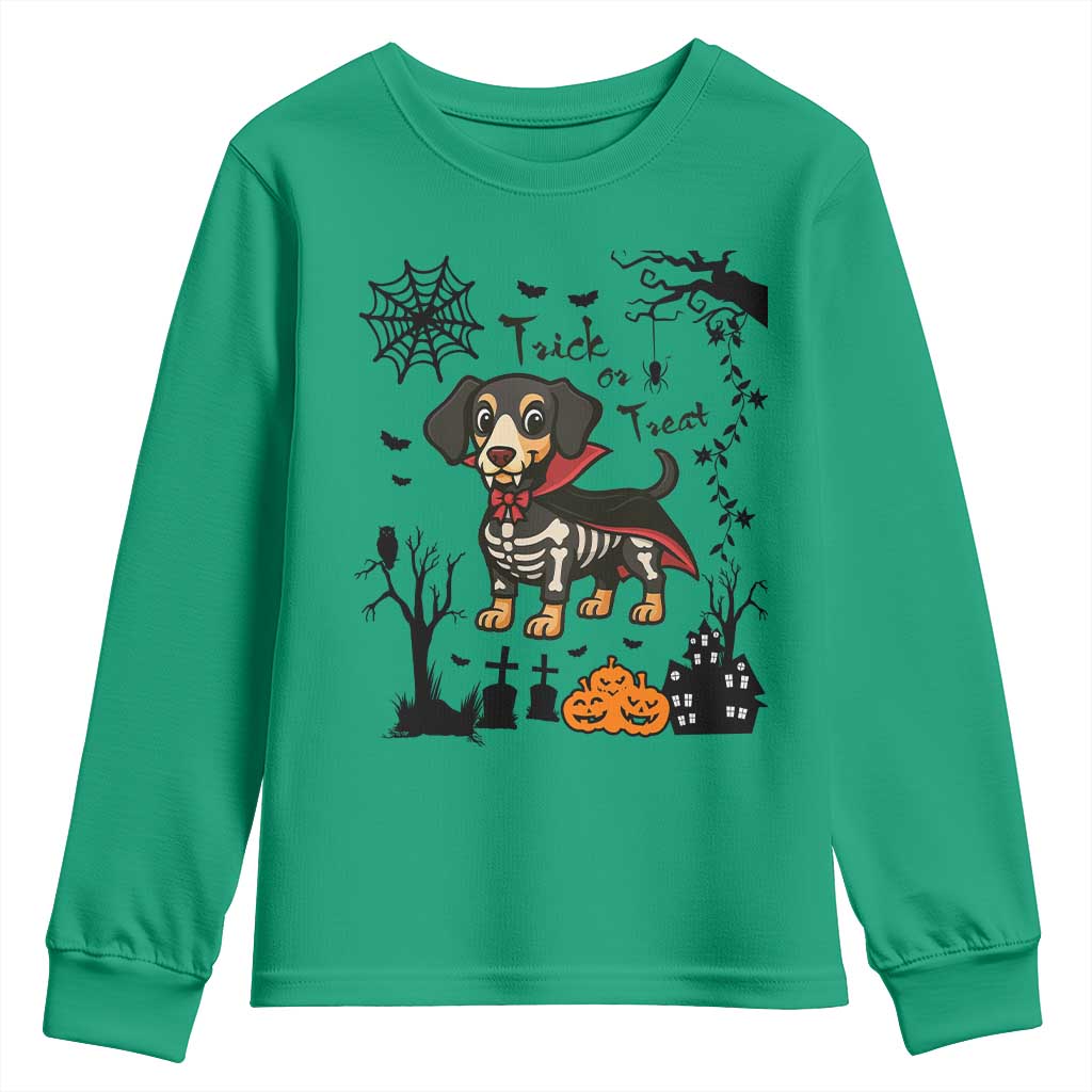 Funny Halloween Gift Youth Sweatshirt Trick Or Treat With My Dachshund Dracula TS12 Irish Green Print Your Wear