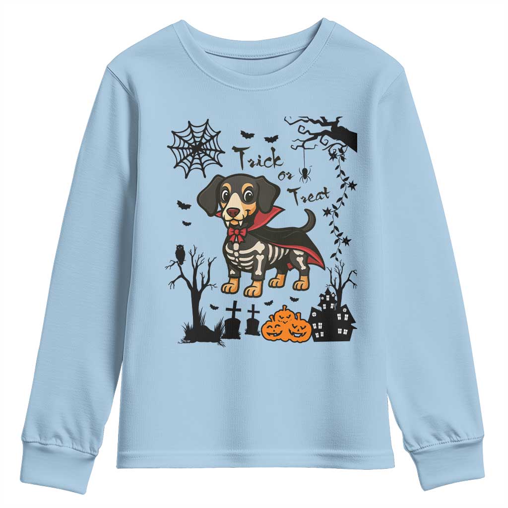 Funny Halloween Gift Youth Sweatshirt Trick Or Treat With My Dachshund Dracula TS12 Light Blue Print Your Wear