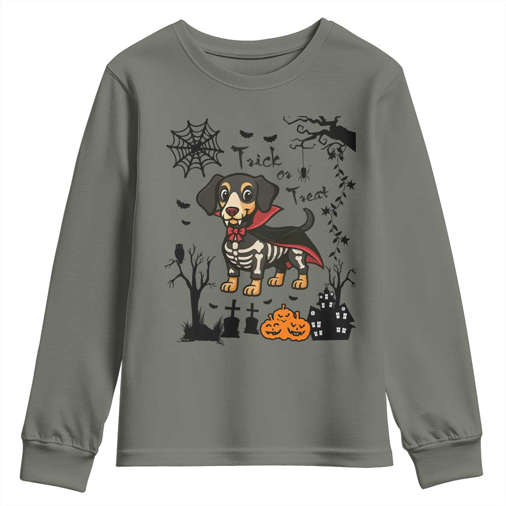 Funny Halloween Gift Youth Sweatshirt Trick Or Treat With My Dachshund Dracula TS12 Military Green Print Your Wear