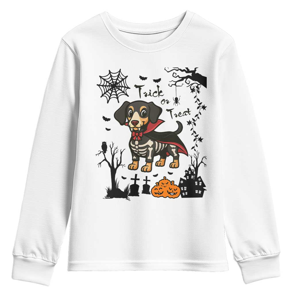 Funny Halloween Gift Youth Sweatshirt Trick Or Treat With My Dachshund Dracula TS12 White Print Your Wear