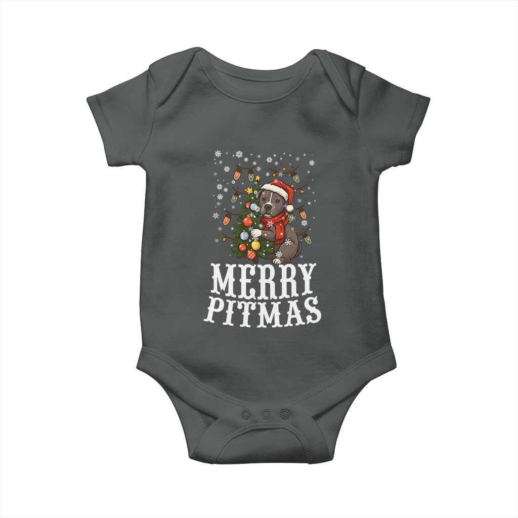 Christmas Pitbull Baby Onesie Funny Merry Pitmas Tree Hug TS12 Dark Heather Print Your Wear