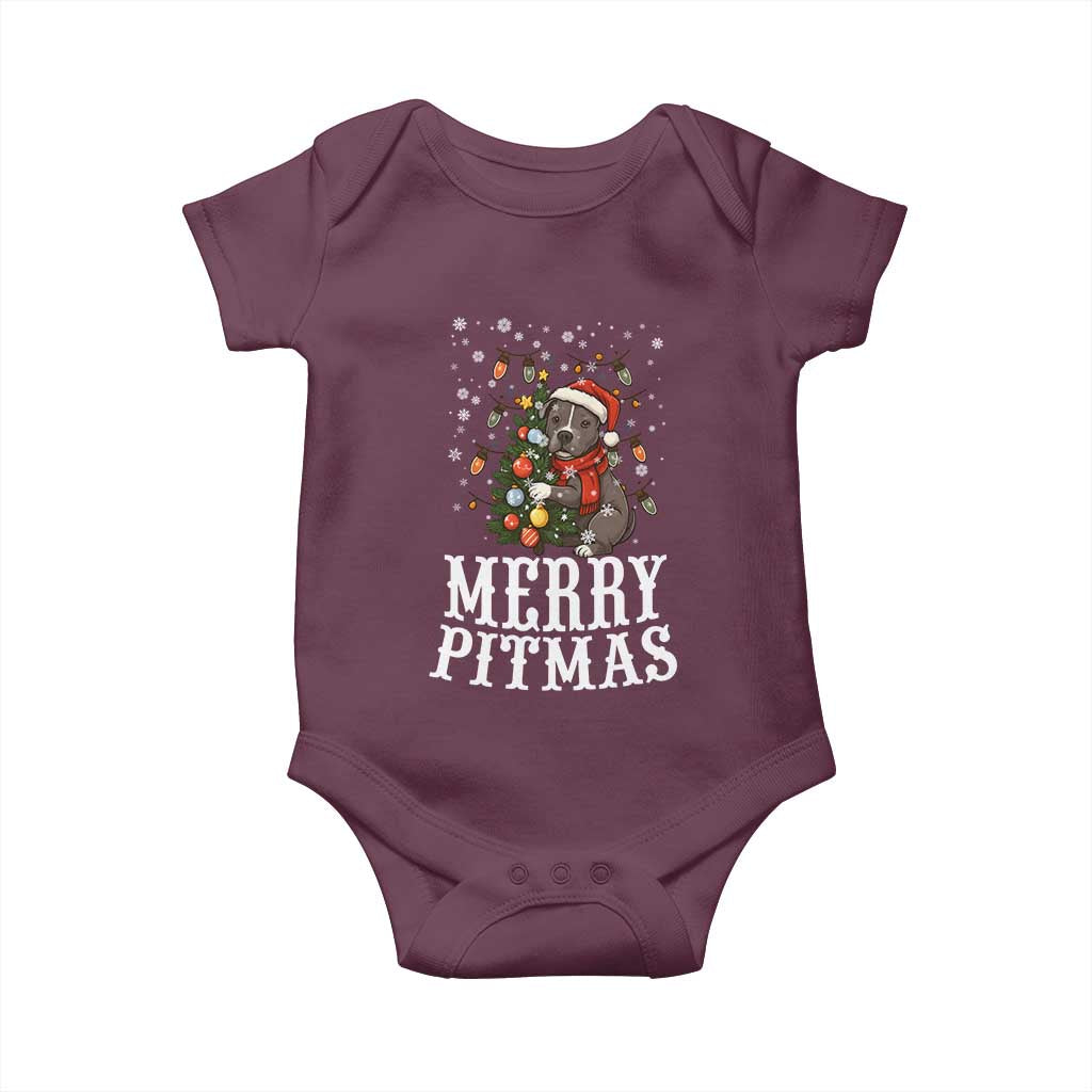 Christmas Pitbull Baby Onesie Funny Merry Pitmas Tree Hug TS12 Maroon Print Your Wear