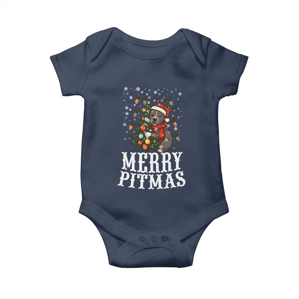 Christmas Pitbull Baby Onesie Funny Merry Pitmas Tree Hug TS12 Navy Print Your Wear