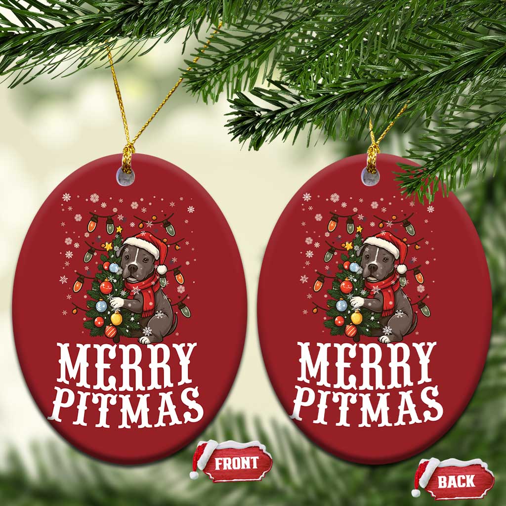 Xmas Pitbull Christmas Ornament Funny Merry Pitmas Tree Hug TS12 Oval Red Print Your Wear