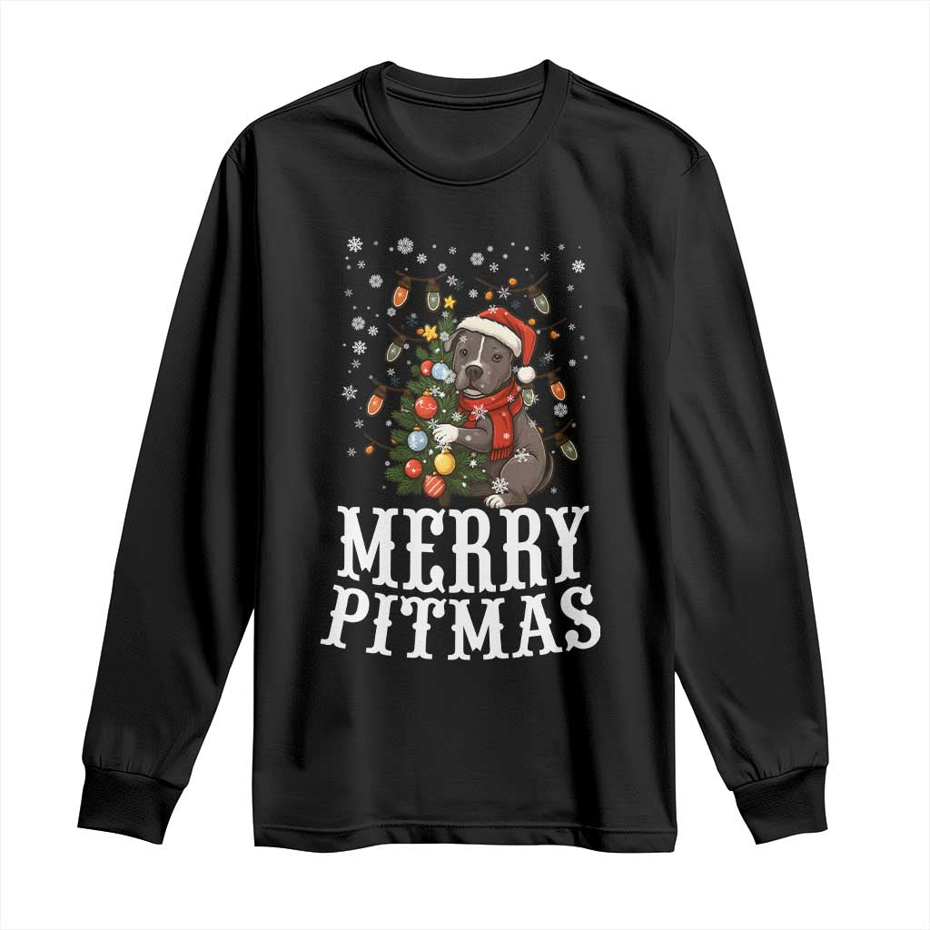 Christmas Pitbull Long Sleeve Shirt Funny Merry Pitmas Tree Hug TS12 Black Print Your Wear