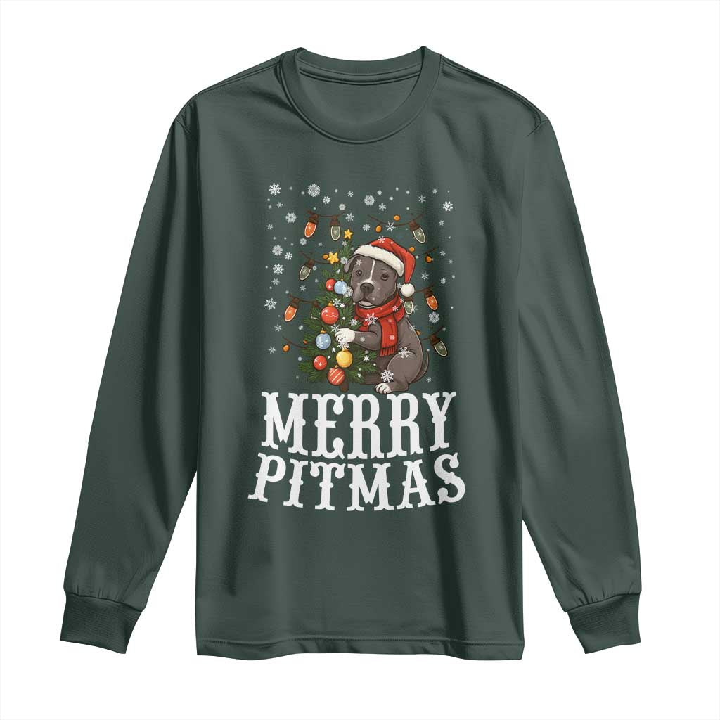 Christmas Pitbull Long Sleeve Shirt Funny Merry Pitmas Tree Hug TS12 Dark Forest Green Print Your Wear