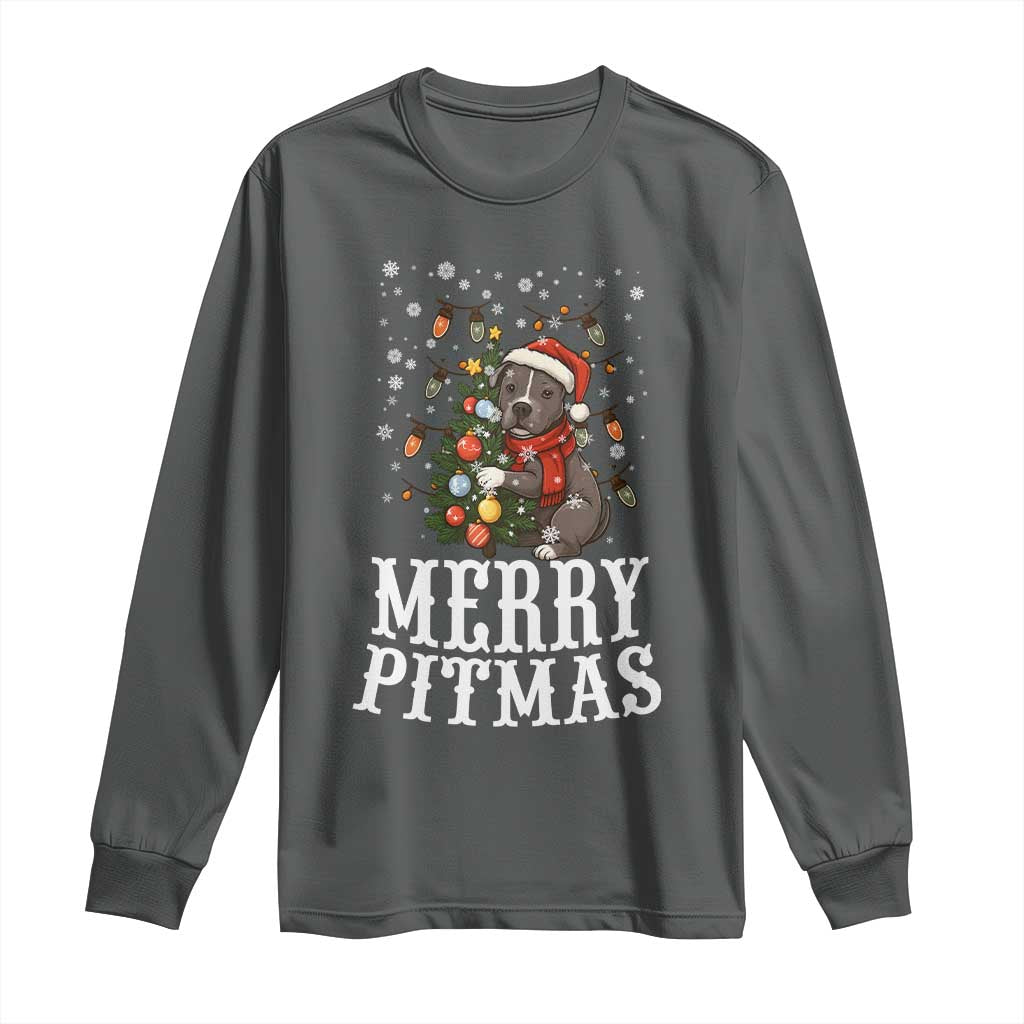 Christmas Pitbull Long Sleeve Shirt Funny Merry Pitmas Tree Hug TS12 Dark Heather Print Your Wear