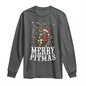 Christmas Pitbull Long Sleeve Shirt Funny Merry Pitmas Tree Hug TS12 Dark Heather Print Your Wear
