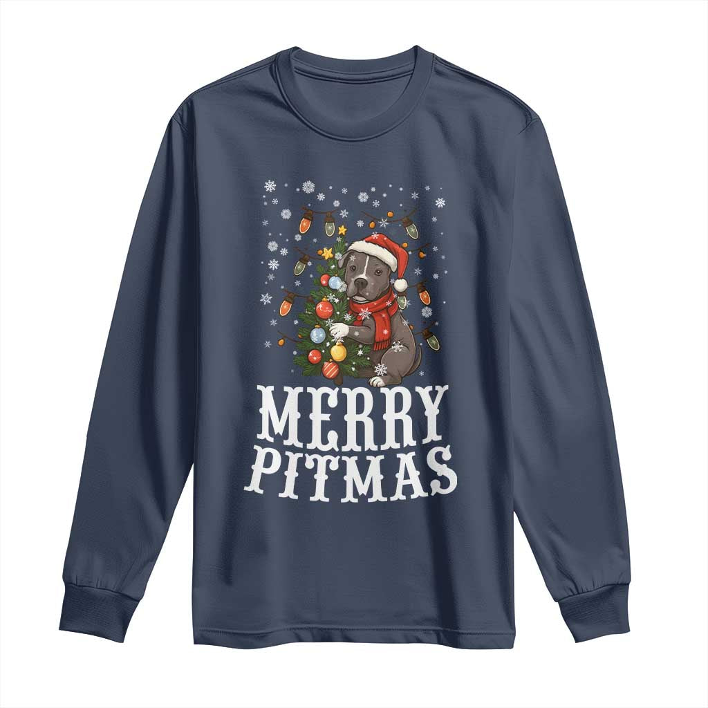 Christmas Pitbull Long Sleeve Shirt Funny Merry Pitmas Tree Hug TS12 Navy Print Your Wear