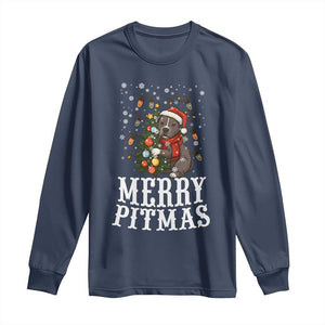 Christmas Pitbull Long Sleeve Shirt Funny Merry Pitmas Tree Hug TS12 Navy Print Your Wear