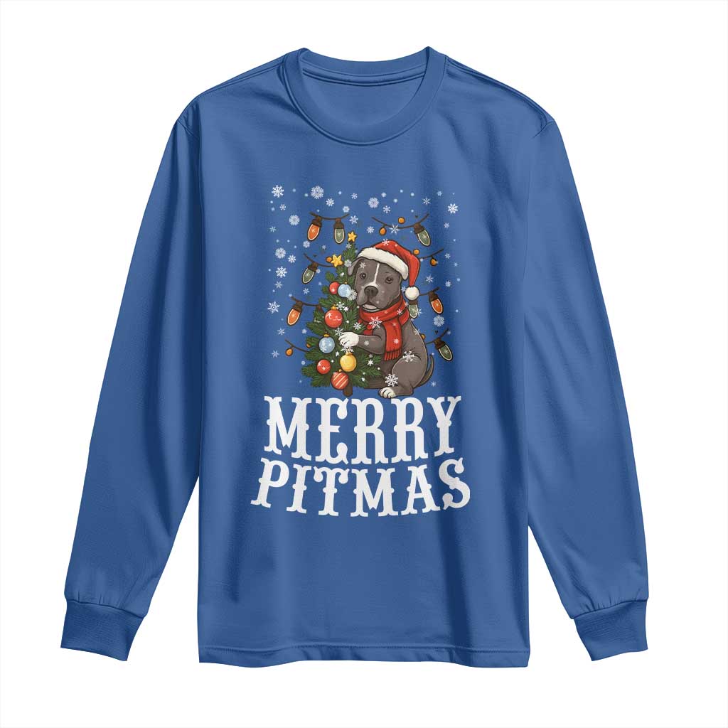 Christmas Pitbull Long Sleeve Shirt Funny Merry Pitmas Tree Hug TS12 Royal Blue Print Your Wear