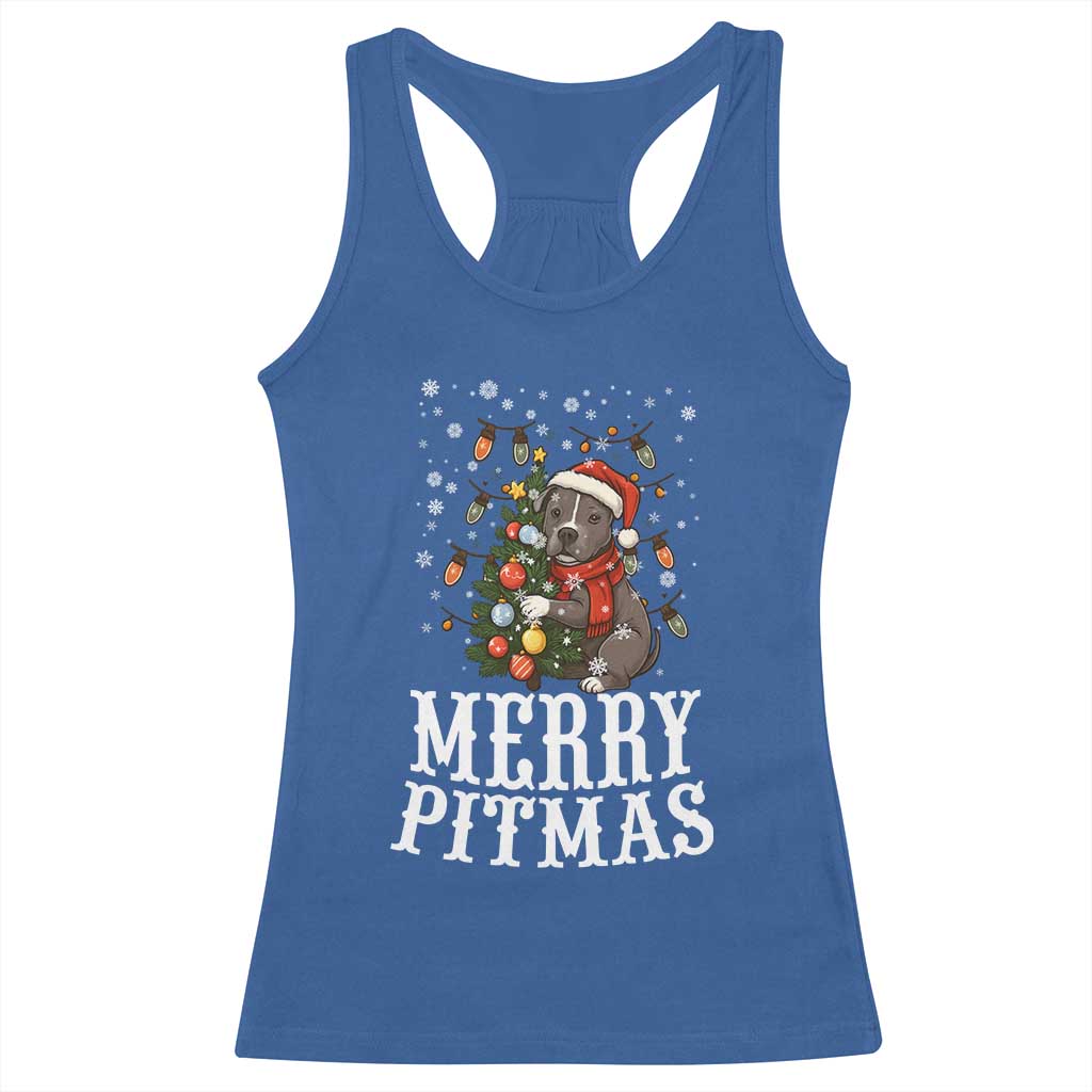 Christmas Pitbull Racerback Tank Top Funny Merry Pitmas Tree Hug TS12 Royal Blue Print Your Wear