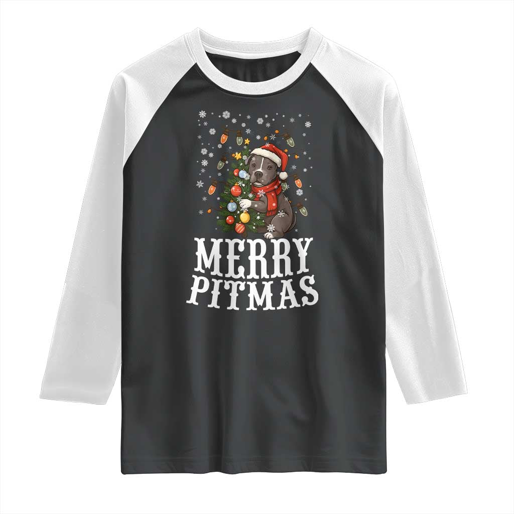Christmas Pitbull Raglan Shirt Funny Merry Pitmas Tree Hug TS12 Black White Print Your Wear