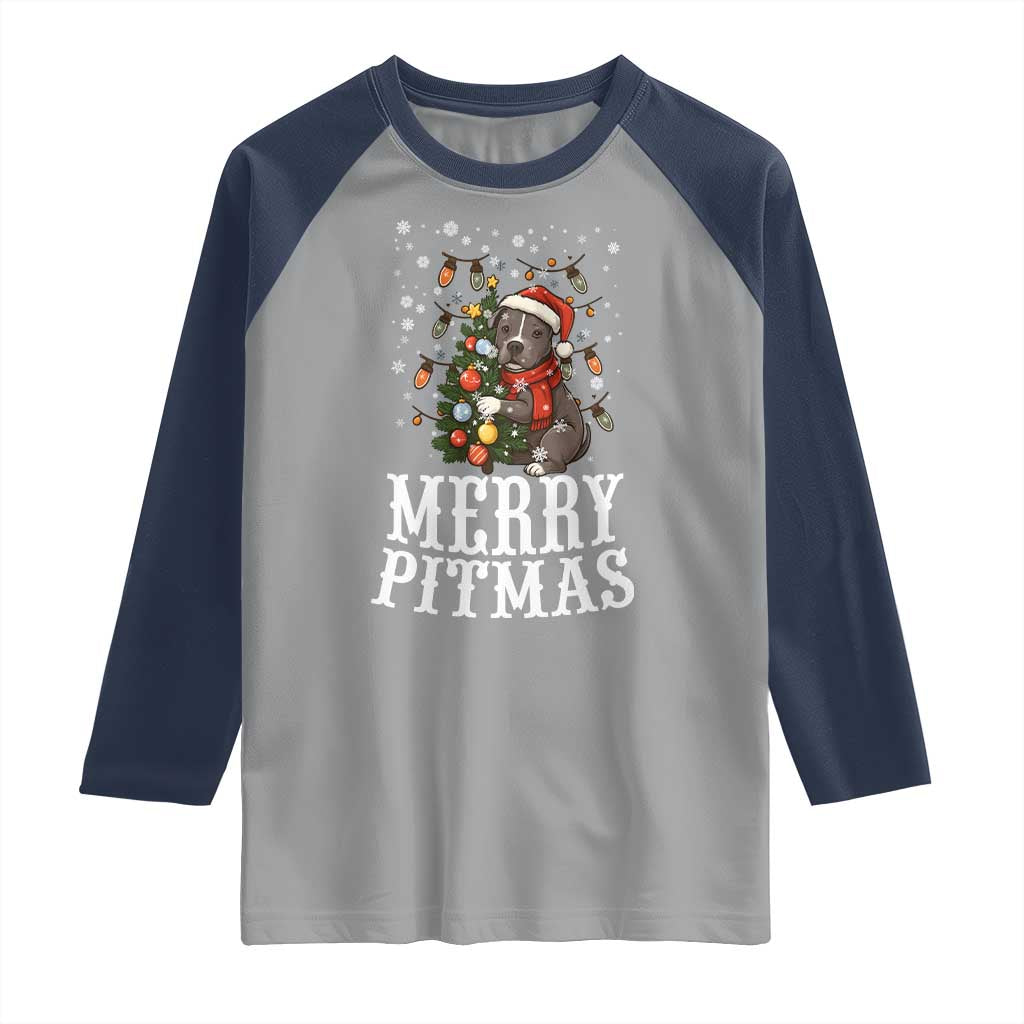 Christmas Pitbull Raglan Shirt Funny Merry Pitmas Tree Hug TS12 Sport Gray Navy Print Your Wear