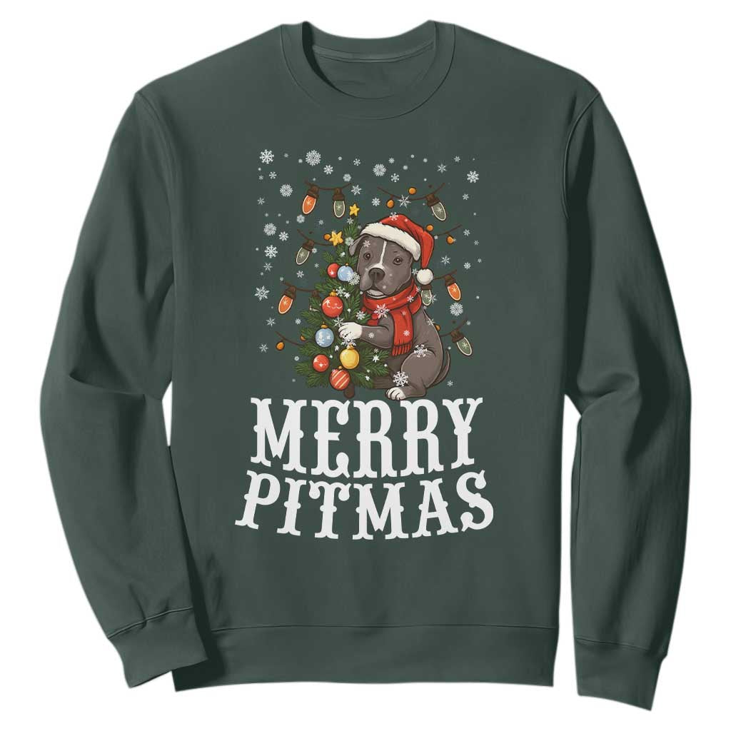 Christmas Pitbull Sweatshirt Funny Merry Pitmas Tree Hug TS12 Dark Forest Green Print Your Wear