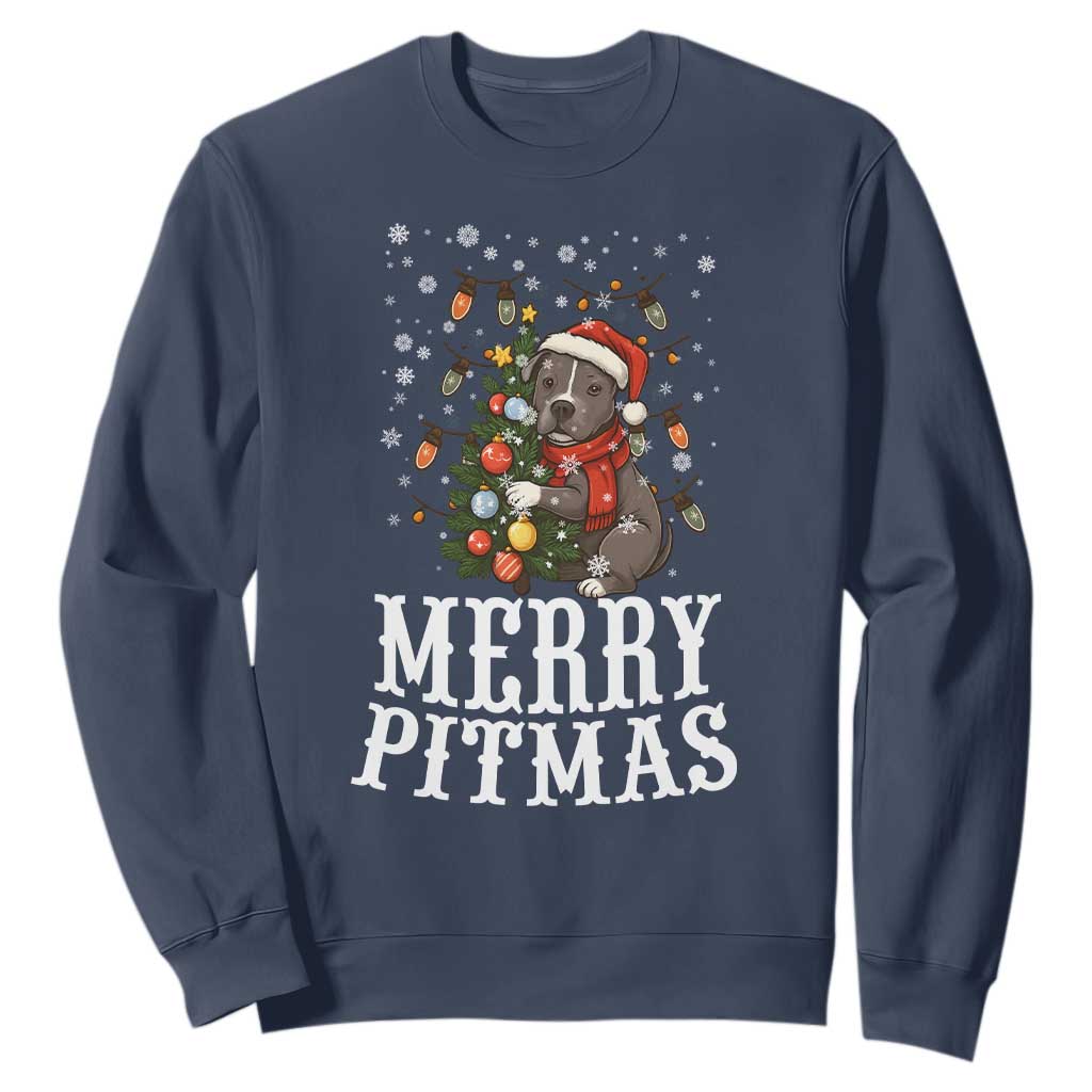 Christmas Pitbull Sweatshirt Funny Merry Pitmas Tree Hug TS12 Navy Print Your Wear
