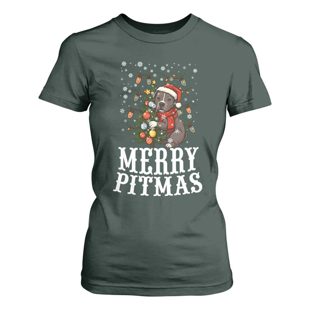 Christmas Pitbull T Shirt For Women Funny Merry Pitmas Tree Hug TS12 Dark Forest Green Print Your Wear