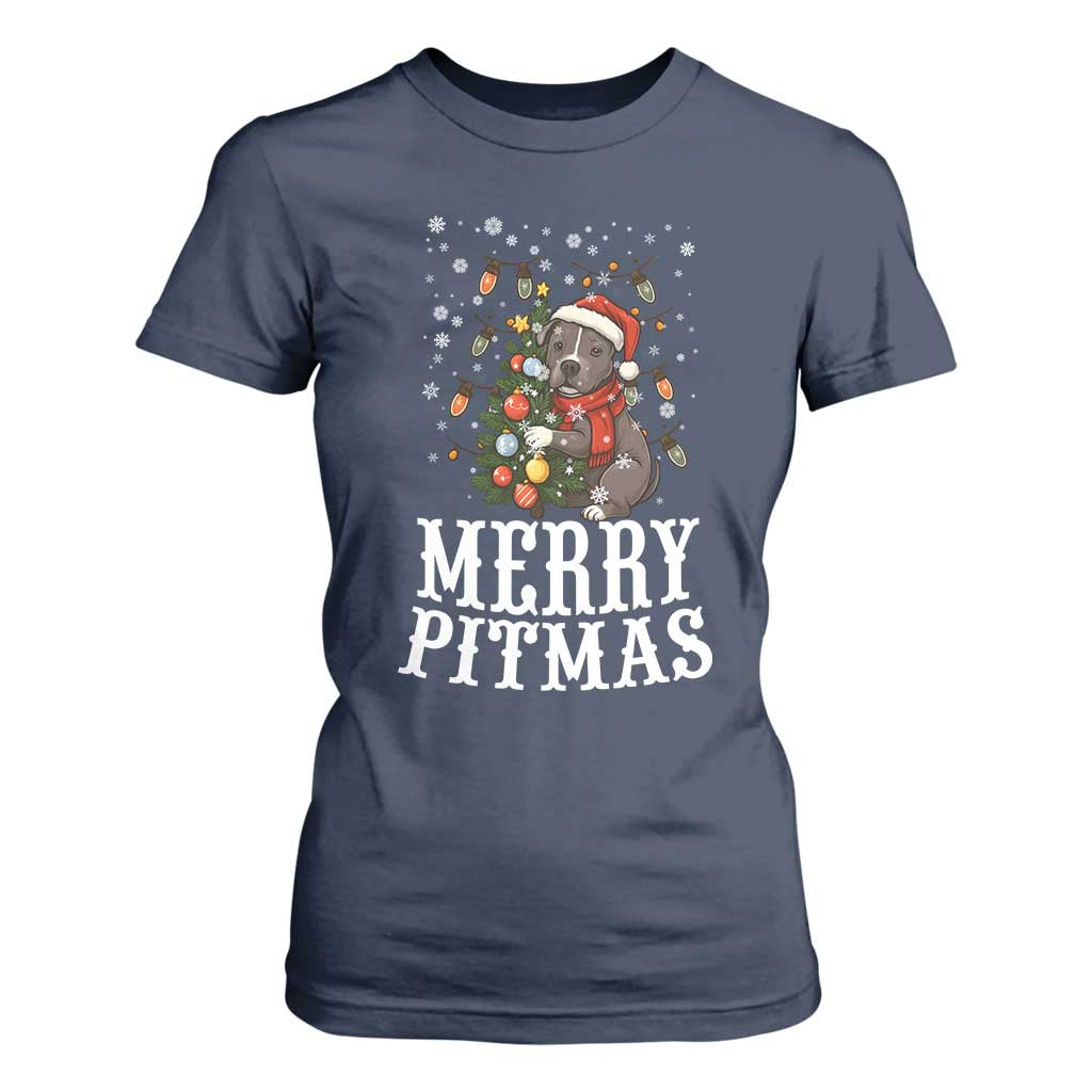 Christmas Pitbull T Shirt For Women Funny Merry Pitmas Tree Hug TS12 Navy Print Your Wear