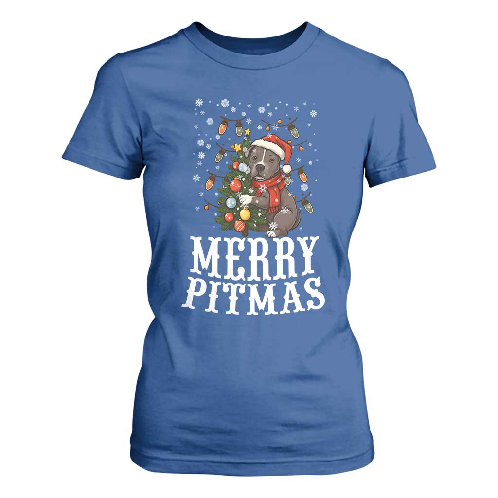 Christmas Pitbull T Shirt For Women Funny Merry Pitmas Tree Hug TS12 Royal Blue Print Your Wear