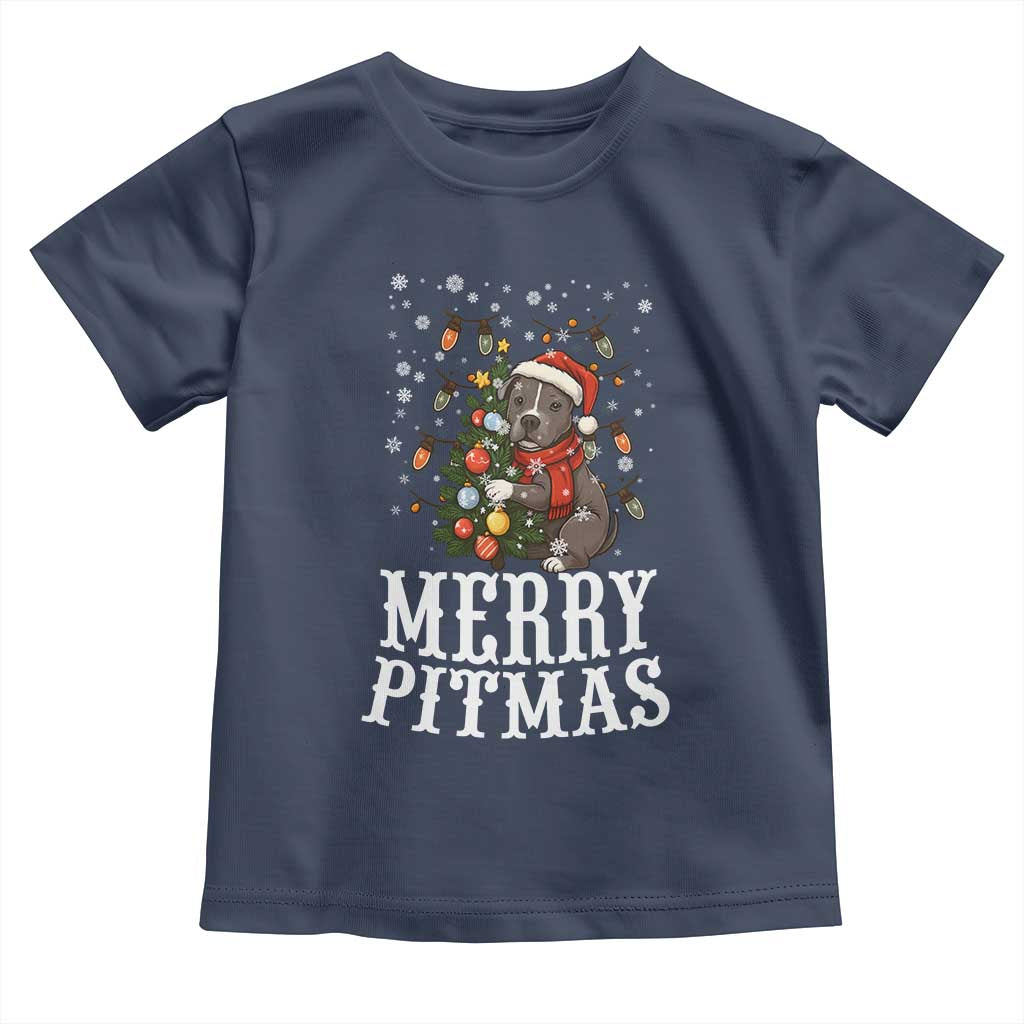 Christmas Pitbull Toddler T Shirt Funny Merry Pitmas Tree Hug TS12 Navy Print Your Wear