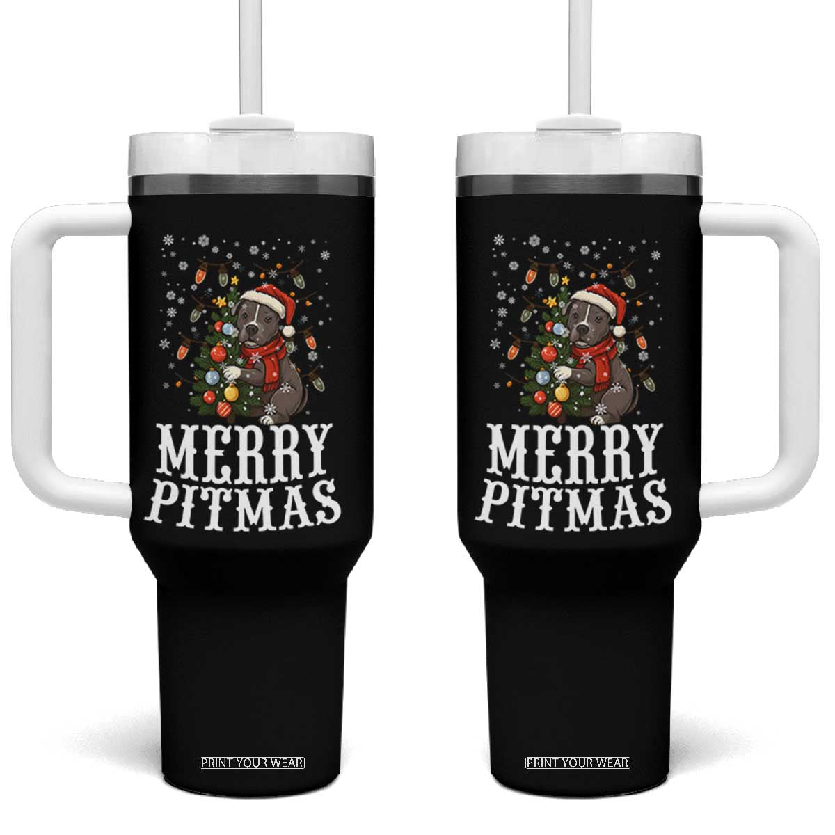 Christmas Pitbull Tumbler With Handle Funny Merry Pitmas Tree Hug TS12 One Size: 40 oz Black Print Your Wear