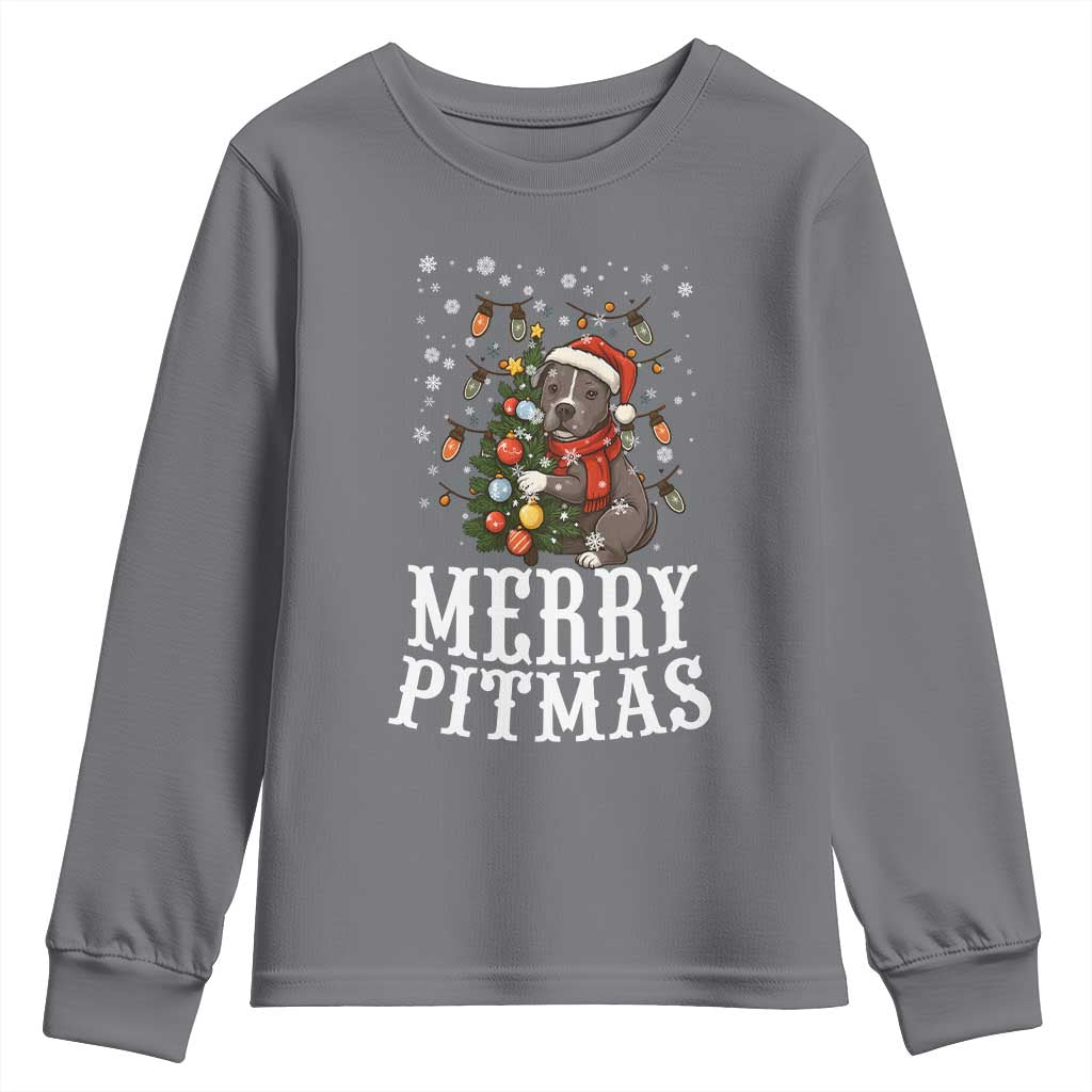 Christmas Pitbull Youth Sweatshirt Funny Merry Pitmas Tree Hug TS12 Charcoal Print Your Wear